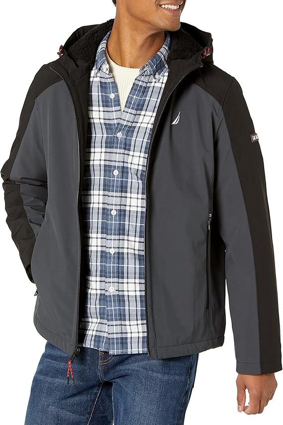 nautica 男士羊羔绒内衬风衣软壳夹克,带兜帽,防水防风